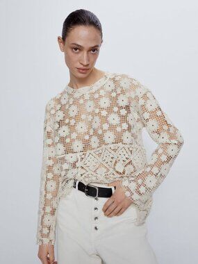 Zara Cream Crochet Floral Top